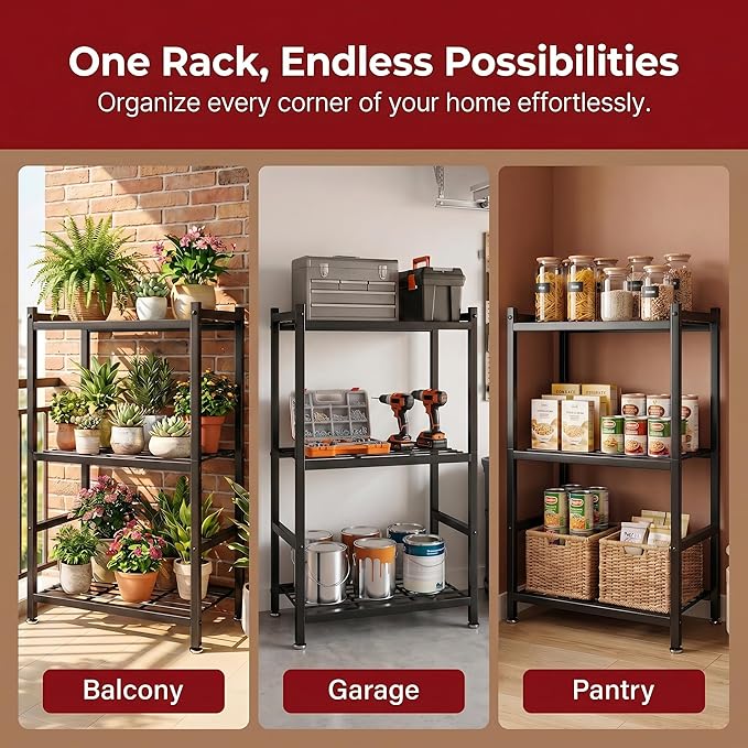 Small Storage Shelves, 3-Tier Metal Shelving Unit with Adjustable Feet, Compact Shelf Organizer for Garage, Kitchen, Pantry and Closet Organization, 17.7" x 11.8" x 29.9",Black