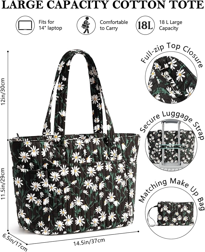 Bagstellar Puffer Tote Bag for Women, Quilted Cotton Laptop Work Tote Shoulder Bag for College School, Teacher, Nurse, Travel | Top Full-zip Closure