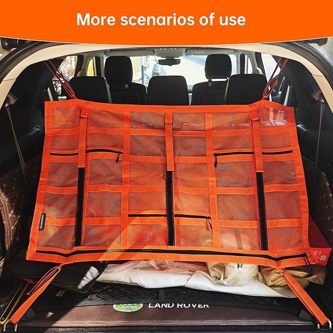 SUV Car Ceiling Cargo Net with Adhesive Straps,Double-Layer Mesh Car Roof Net Storage for Truck, Van,Travel Long Road Trip Camping Interior Accessories 39.3 X 23.6 Inch,Orange
