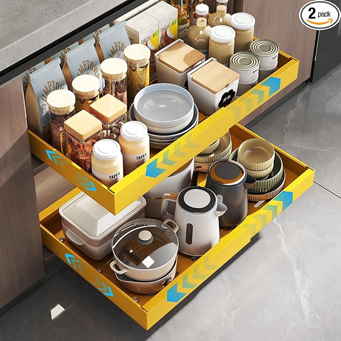 2 Pack Pull Out Cabinet Organizer, Expandable Slide Out Drawers for Kitchen Cabinets Peel and Stick Pullout Drawer Heavy Duty Sliding Shelves for Cupboard, Pantry, Bathroom(16.5" Deep, Yellow)