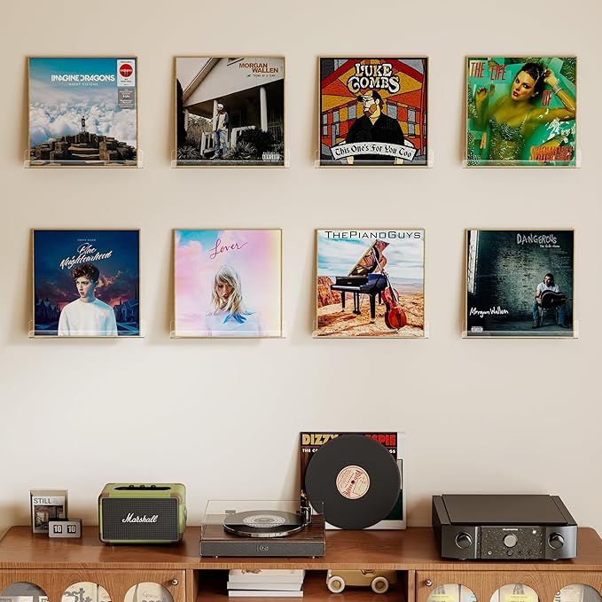 Laurensory 8 Pack Vinyl Record Shelf Wall Mount Shelves, 12 inch Clear Acrylic Vinyl Record Holder Display, Floating Shelves for Wall Decor, Magazine Rack, Kids Bookshelf, for Bedroom, Living Room