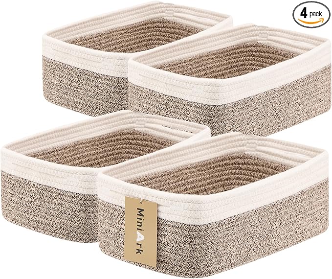 MiniArk Small Storage Baskets for Organizing | Closet Organizer Bins | Shelf Toy Basket | Woven Rope Baskets | Cube Decorative Box | Shallow Basket | 13x8.5x5.1” | 4 Packs White Brown