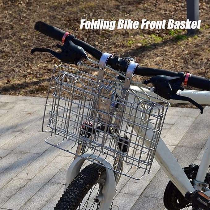 Folding Bike Front Basket Bicycle Wire Basket with Handles Easy Installation on Front Handlebar