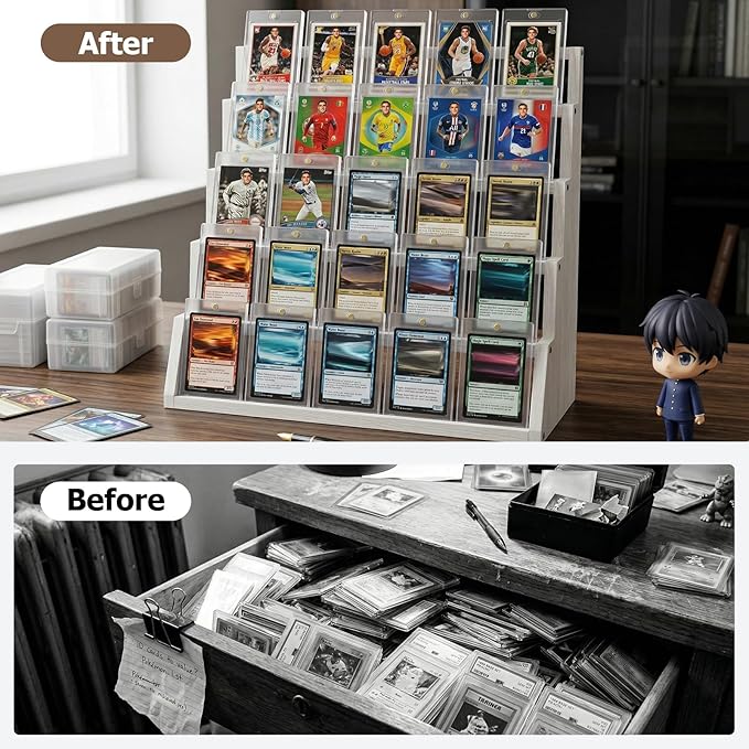 5 Tier Wooden Card Display Stand – Vertical Card Holder Display for Trading Cards, Game Cards, Sports Cards, Graded PSA/BGS/SGC, Baseball, Basketball&Football(Soccer) Card Stand, Desk & Shelf Organize,White