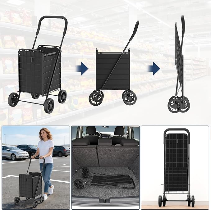 Whitmor Foldable Utility Shopping Cart with Wheels, 60Lb Capacity, Heavy Duty Grocery Cart with Steel Frame, Foam Handle, Rolling Utility Cart for Grocery, Laundry, Travel, Black/w Liner