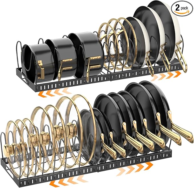 2PACK Expandable (12"-24") Pots and Pans Organizer Under Cabinet with 32 Adjustable Dividers for Kitchen, Pot Lid Organizers Inside Cabinet, Pan Lid Holder, Rust-Resistant Lid Storage, Easy to Clean