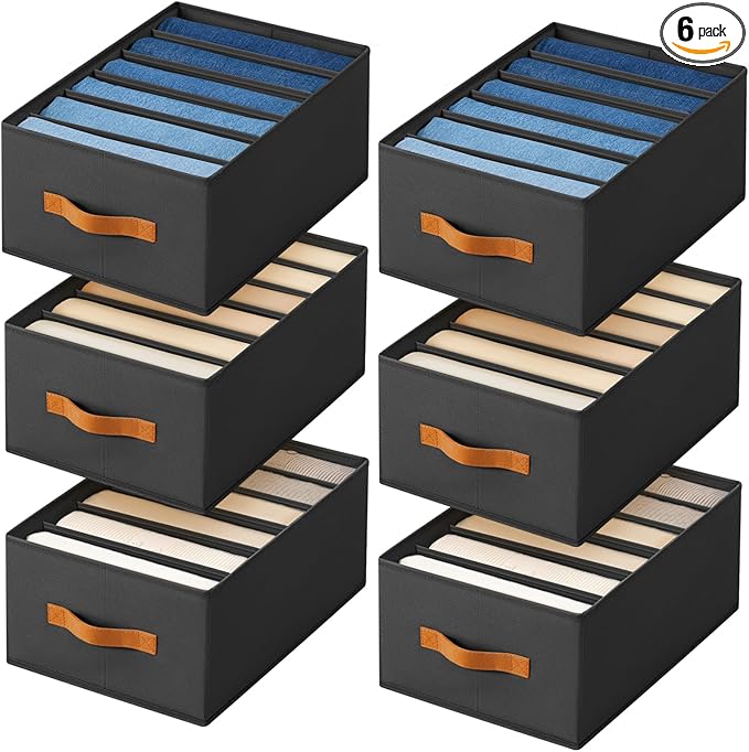 Homsorout Closet Organizers and Storage - Fabric Clothes Organizer with Handles, Foldable Jeans Organizer for Clothes, Drawer Organizer for Shirts, Bra, Sweater, Scarf, 6 Pack, Black