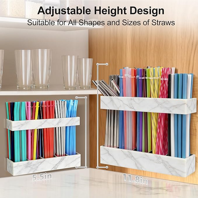 9.5” Large Acrylic Straw Holder for Cabinet Door, Reusable Adjustable Two-Part Straws Organizer with Ultra Sticky Adhesive Strips, 2026 Straw Storage for Kitchen Cupboard