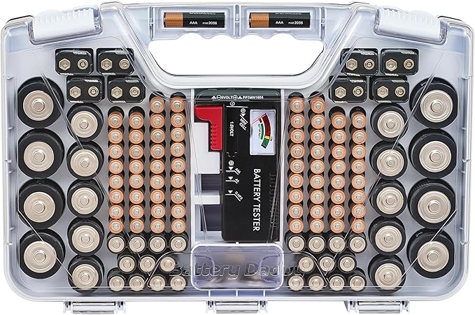 Battery Daddy Storage & Organizer Case with Tester, Stores & Protects Up to 180 Batteries, Double-Sided, Clear Locking Lid, Secure Latches & Portable Carrying Handle - White (Batteries Not Included)