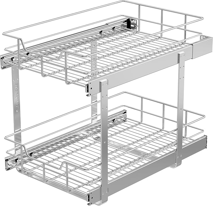 2 Tier Pull Out Cabinet Organizer 14" W X 22" D, Slide Out Drawers For Kitchen Cabinets, Pull Out Drawers For Cabinets Capacity Heavy Duty Caddy, Cabinet Pullout Shelves Chrome-Plated,Bathroom Pantry | Slide Out Drawers, For Kitchen Cabinets, Heavy Dut...