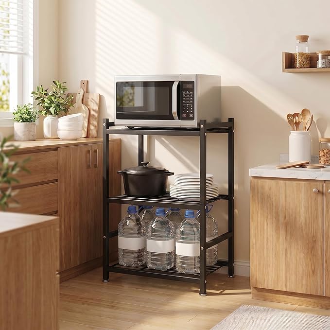 Small Storage Shelves, 3-Tier Metal Shelving Unit with Adjustable Feet, Compact Shelf Organizer for Garage, Kitchen, Pantry and Closet Organization, 17.7" x 11.8" x 29.9",Black