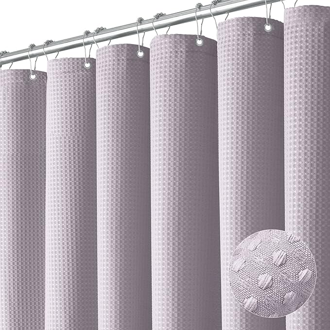 Dynamene Extra Long Shower Curtain - 96 Inch Long Waffle Weave Weighted Thick Cloth Bathroom Shower Curtain, Neutral Heavy Duty Hotel Bath Curtain Set with 12 Plastic Hooks,72x96, Lavender
