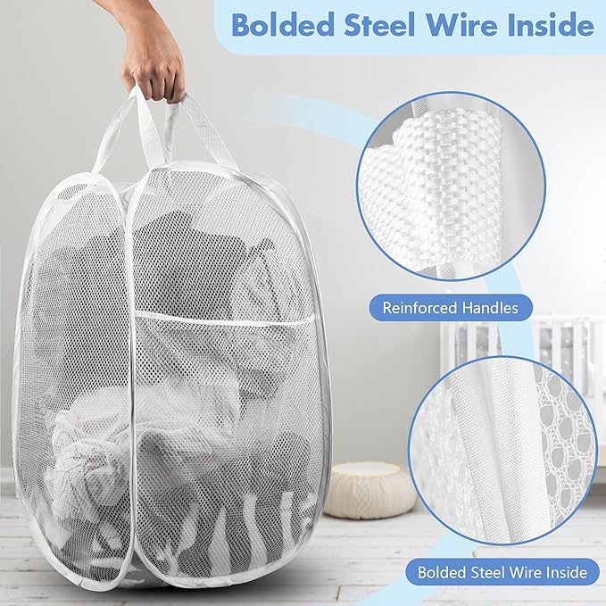 DUCOO Pop Up Laundry Hamper, 70L Collapsible Mesh Laundry Basket with Side Pocket, Foldable Dirty Clothes Hamper with Sturdy Reinforced Handles for Home Dorm Bedroom Travel Bathroom Storage, White