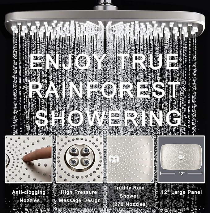 BOZYBO Rain Shower Head with Handheld: High Pressure Shower Heads with Handheld Spray Combo, 12" Rainfall Shower Head and 9 Sprays Hand Showerheads with Magnetic Docking and Power Jets, Nickel 1.8GPM