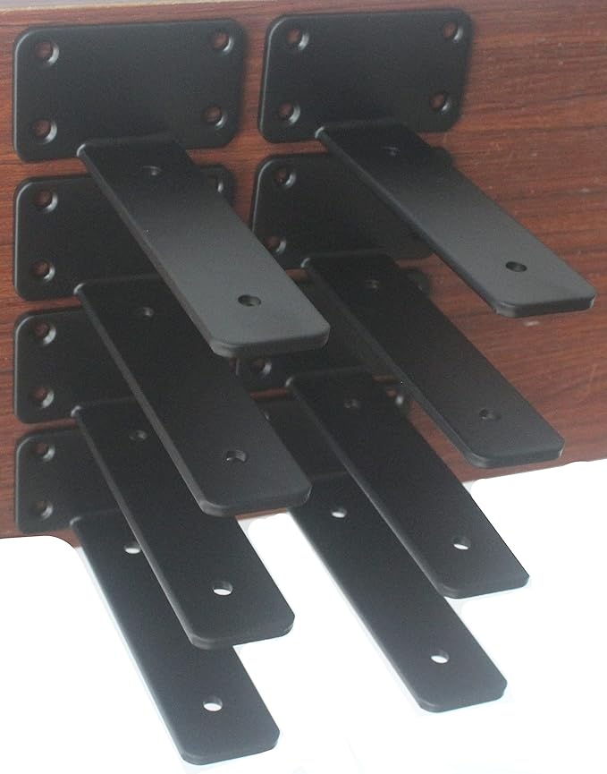 10 Pack - 6 inch Black Hidden L Shelf Bracket (1/5 Inch Thicked) Iron Floating Shelf Brackets Rustic Industrial Metal Brackets for Shelf Support