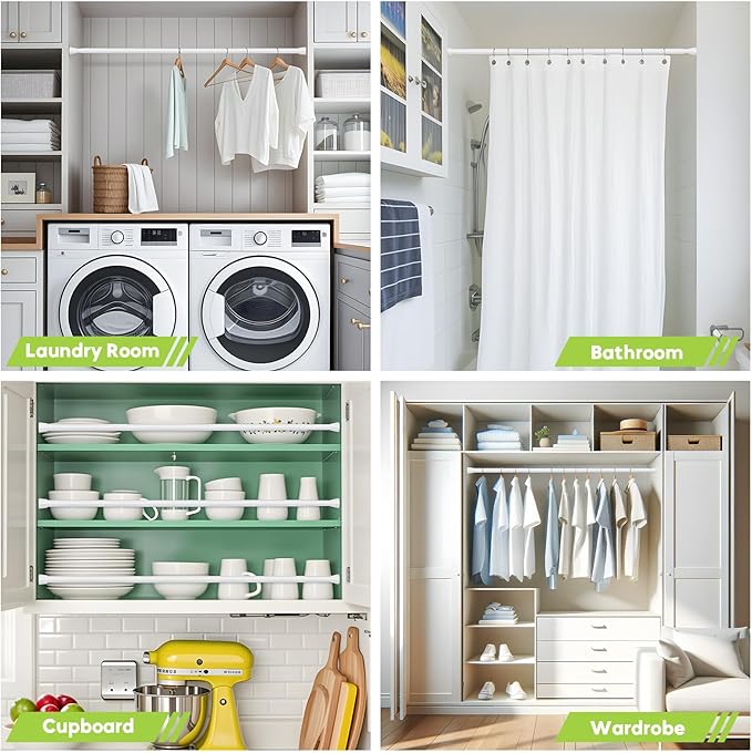 Tension Curtain Rod 2 Pack 30-64 Inch Curtain Rods No Drilling White Tension Spring Rod Adjustable Curtain Rod Expandable Pressure shower Rod for Windows Closet Doorway