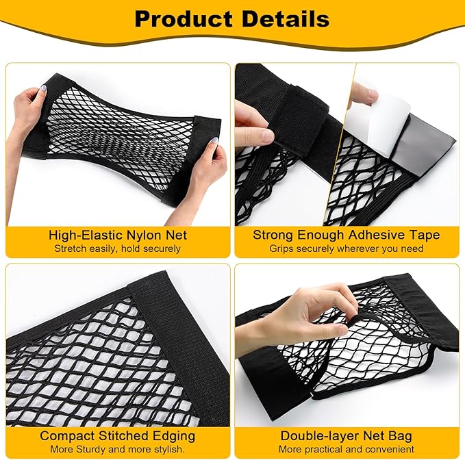 PIFOOG 4Pcs Car Net Pocket Elastic Small Mesh Cargo Storage Nets Bag Organizer Wall Sticker Pouch Netting Universal for Vehicle SUV Trunk Seat RV Camper