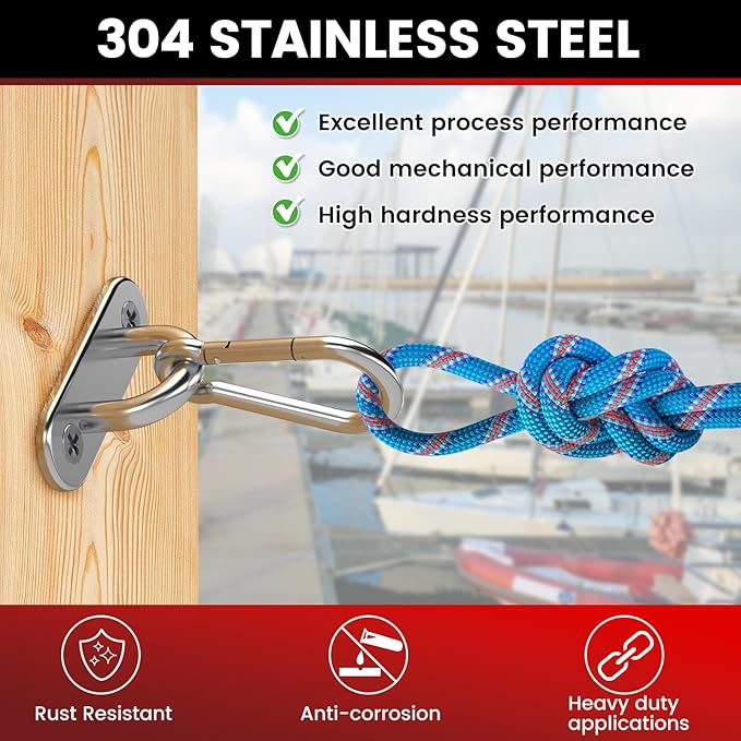 sprookber 304 Stainless Steel Pad Eye Snap Hooks, M6 Heavy Duty Ceiling Hooks, 800 lb Capacity Hammock Swing Hanging kit, Plant Hangers, Marine Hardware Staple Hook Loop with Screws, Set of 8