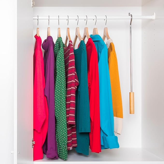 Closet Reacher Pole with Hook and Wooden Handle, Heavy Duty - Adjustable 2.75-5 Feet, Chrome Plated Steel Clothing Hanger Shepherds Hook to Easily Reach Clothes etc - Perfect for College Dorm