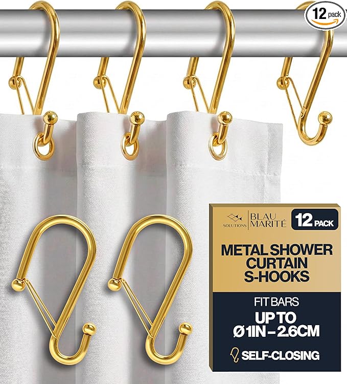 12 Decorative Metal Shower Curtain Hooks, S-Shaped Hooks with Anti-Fall System, Rust-Proof Shower Rings with Safety Buckle, Fits Rods Up to 1-Inch Diameter (S, Gold)