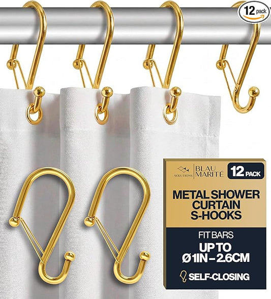 12 Decorative Metal Shower Curtain Hooks, S-Shaped Hooks with Anti-Fall System, Rust-Proof Shower Rings with Safety Buckle, Fits Rods Up to 1-Inch Diameter (S, Gold)