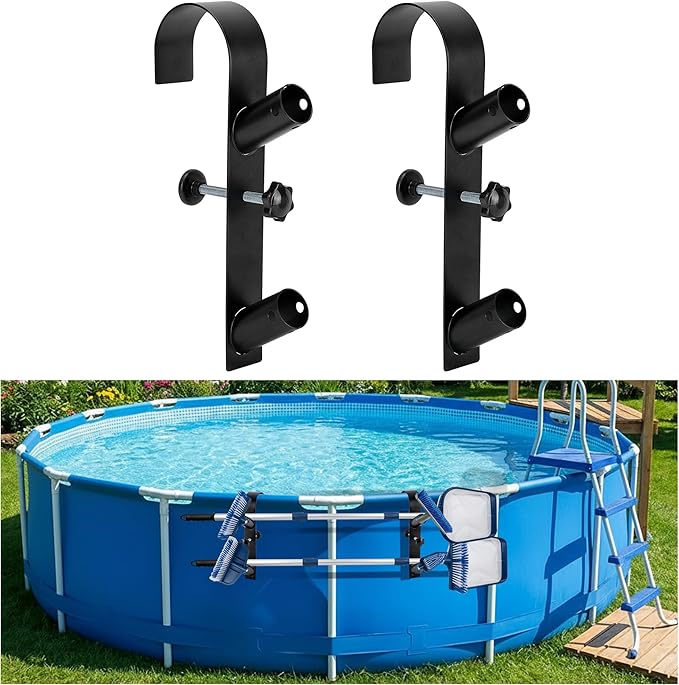 codree 2 Pcs Pool Leaf Skimmer Net Holder, Adjustable Above Ground Pools Hooks, Swimming Pool Pole Hangers for Hanging Tool, Hose, Leaf Rakes, Nets Pool-Accessories