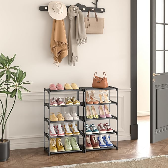 10 Tier Tall Shoe Rack, Non-Woven Fabrics Compact Narrow Shoe Stand Shelf, Vertical Small Space Saving Storage Organizer for Closet Floor, Front Door Entrance, Entryway, Black