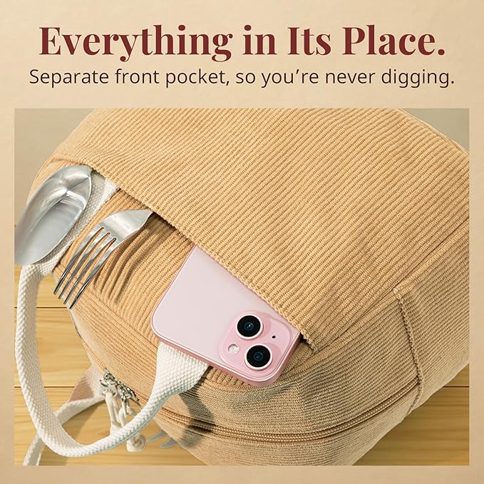 LOVELYWIND Insulated Lunch Bag for Women Men, Stylish Corduroy Tote Bag with Aluminum Lining, Large Capacity Reusable Cooler for Work, Travel, or Beach, Camel Brown Lunch Box