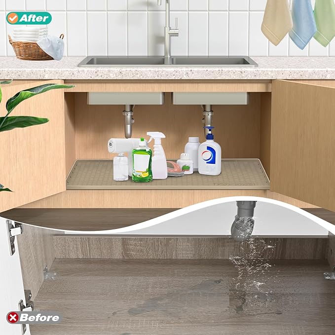 Waterproof Under Sink Mat 28" x 19", Silicone Cabinet Liner, Rubber Protector for Kitchen and Bathroom, Keeps Cabinets Clean, Dry, and Organized (Light Grey)
