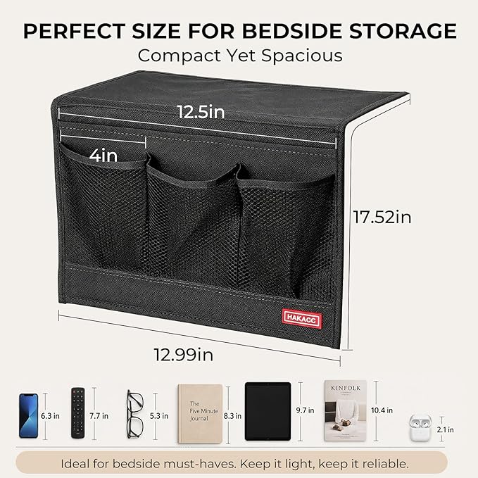 HAKACC Bedside Caddy, Remote Holder for Bed, Storage Organizer with Pockets for Bed, Sofa, Phones, Magazines, Tablets and Accessories, Black