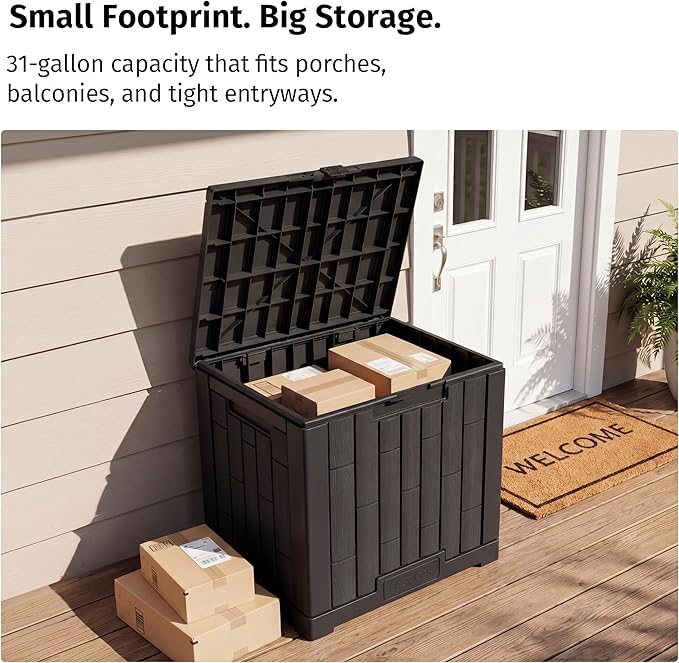 EAST OAK 31 Gallon Outdoor Storage Box, Waterproof Deck UV-Resistant Resin Bin for Patio Cushions, Garden Tools, Pool Accessories & Package, Lockable Wind-Resistant Lid, Steel-Reinforced, Black