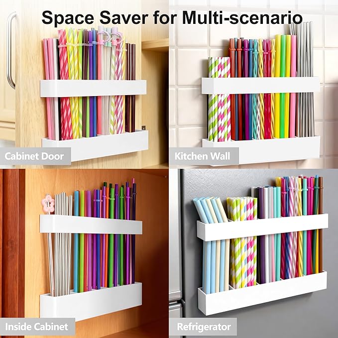 9.5” Large Acrylic Straw Holder for Cabinet Door, Reusable Adjustable Two-Part Straws Organizer with Ultra Sticky Adhesive Strips, 2026 Straw Storage for Kitchen Cupboard
