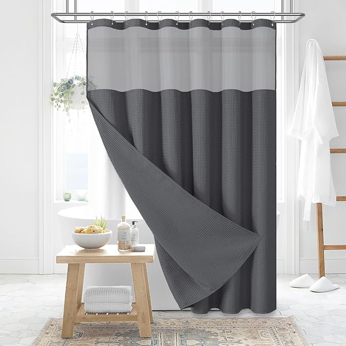 Dynamene Extra Long Shower Curtain, 84 Inch Long Waffle Fabric Shower Curtain for Bathroom, Tall Waterproof Cloth Shower Curtain Set with Hook, Snap in Liner, Mesh Top Window, Charcoal Grey, 72x84