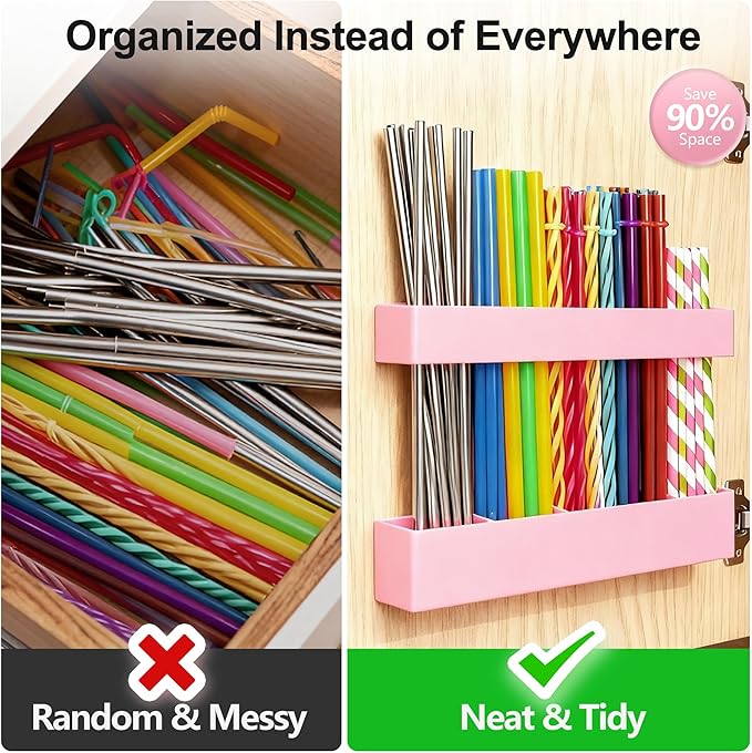 9.5” Large Acrylic Straw Holder for Cabinet Door, Reusable Adjustable Two-Part Straws Organizer with Ultra Sticky Adhesive Strips, 2026 Straw Storage for Kitchen Cupboard(Rose Stone)