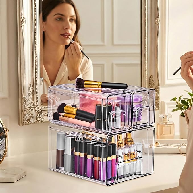 Sorbus 1 Large & 2 Small Clear Stackable Storage Drawers, Plastic Organizer Bins with Handles, Pull-Out Stackable Drawers for Bathroom Closet, Medicine, Cabinet, Pantry Storage, Baby Bottle Organizer