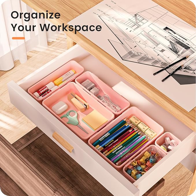 A-LuGei 【28pcs】 【5size】 Drawer Organizer, Makeup organizer, 【Holds 177 Items】 Bathroom Organizers and Storage, Plastic Desk Organizer Divider, Organizer Bins(5size)(LightPink)