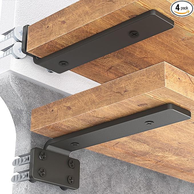 Goovilla Shelf Bracket, Heavy Duty Floating Shelf Brackets 10 inch Long, 4 Pack Brackets for Shelves, Black Coated Metal Wall Shelf Support Brackets with 1/5 Inch Thick and 160 lb. Load Capacity