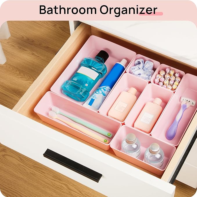Vtopmart 72 PCS Plastic Drawer Organizers Set, 4-Size Versatile Bathroom and Vanity Organizer Trays, Non-Slip Storage Bins for Makeup, Jewelries, Kitchen Utensils and Office Desk, Pink | 72 PCS, 4-Size, Versatile, Non-Slip