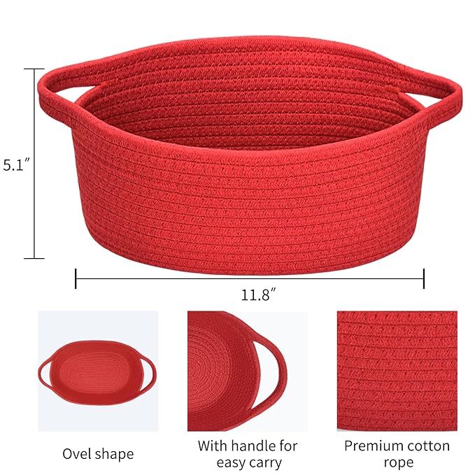 ABenkle Small Basket with Handles - Decorative Durable Rope Woven Storage Bin Shelf Storage Organizer Cube, Easter Baby Gift Basket, 12"x8"x5"