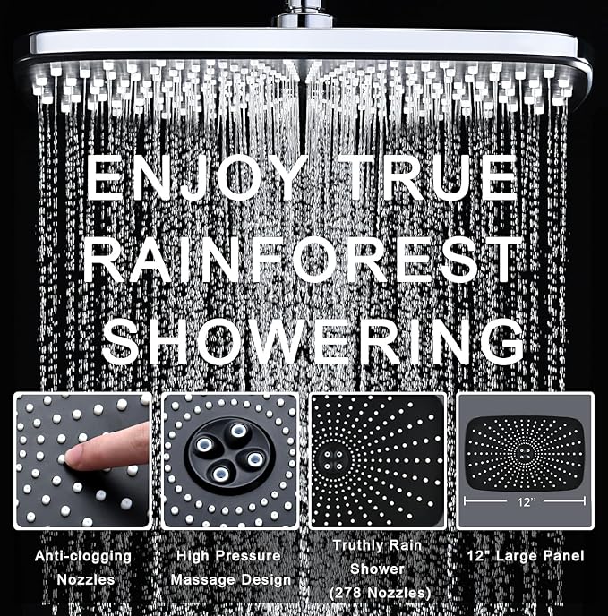 BOZYBO Rain Shower Head with Handheld: High Pressure Shower Heads with Handheld Spray Combo, 12" Rainfall Shower Head and 9 Sprays Hand Showerheads with Magnetic Docking and Power Jets, Chrome 2.5GPM