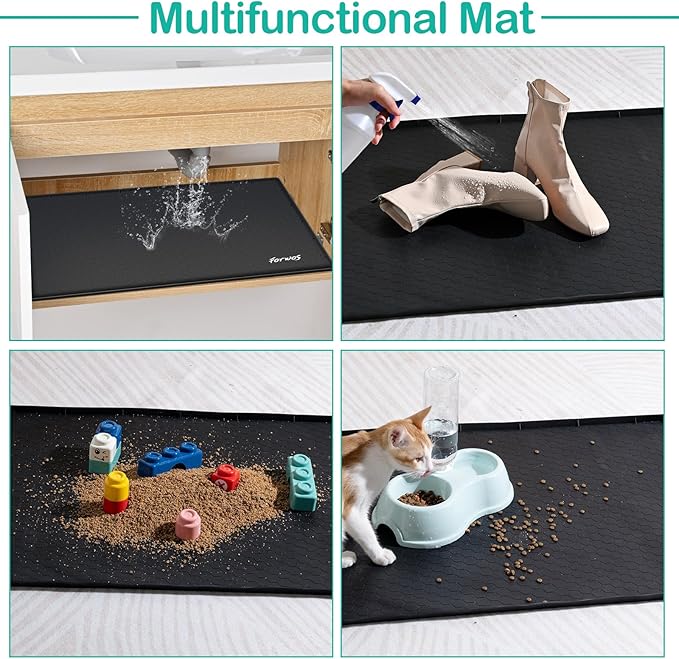 Waterproof Under Sink Mat 28" x 19", Silicone Cabinet Liner, Rubber Protector for Kitchen and Bathroom, Keeps Cabinets Clean, Dry, and Organized (Black)