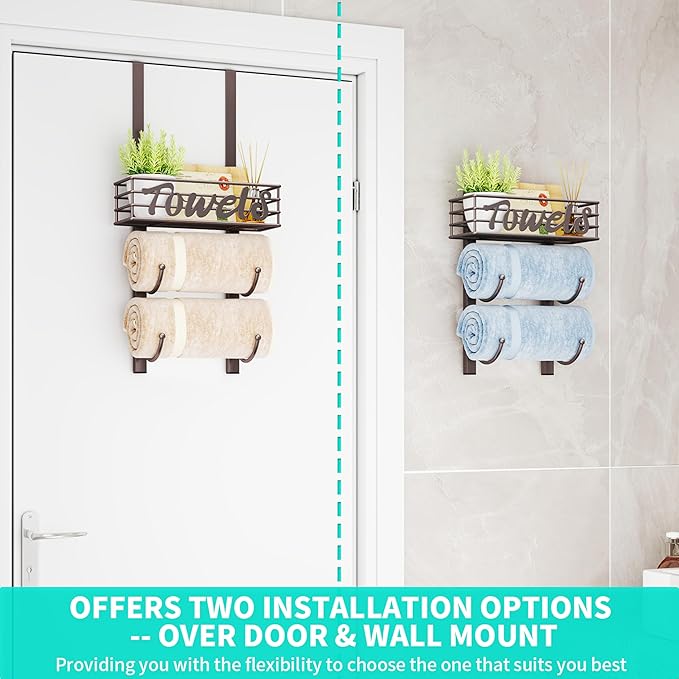 HapiRm Towel Racks for Bathroom Storage - 3 Tier Over The Door & Wall Mount Rolled Towel Storage Organizer Holder with Metal Shelf Basket for Small Bathroom, Camper, Rv - Bronze, Patented