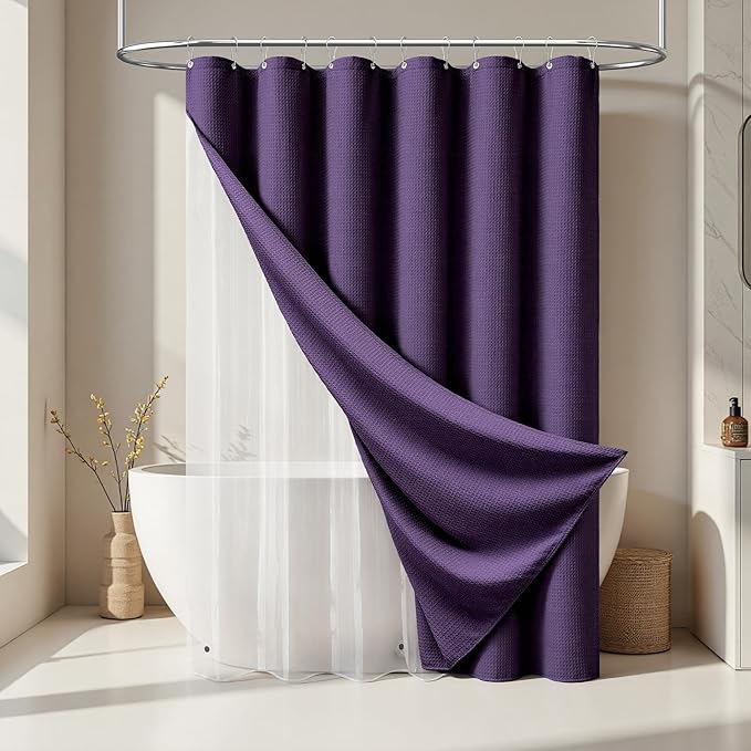Dynamene Extra Long Shower Curtain and Liner Set - 84 inch Tall Waffle Fabric, Waterproof Clear Liner, Heavy Duty Weighted Hotel Luxury Cloth Shower Curtains for Bathroom with 12 Hooks, 72x84, Purple