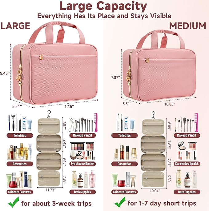 Travel Toiletry Bags, Portable Travel Bag with Hanging Hook for Women, Waterproof and Hanging Makeup Bag Travel Organizer Accessories for Travel Essentials (Pink, Large)