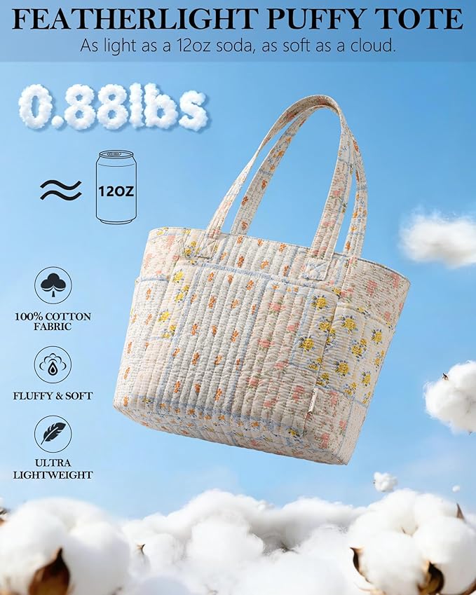 Bagstellar Puffer Tote Bag for Women, Quilted Cotton Laptop Work Tote Shoulder Bag for College School, Teacher, Nurse, Travel | Top Full-zip Closure