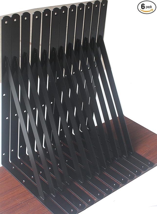 6 Pack L18 x H 12" Black Heavy Duty Shelf Brackets with Screws Metal Shelf Brackets Shelf Support Angle Brackets for Shelves L Brackets Heavy Duty Floating Shelf