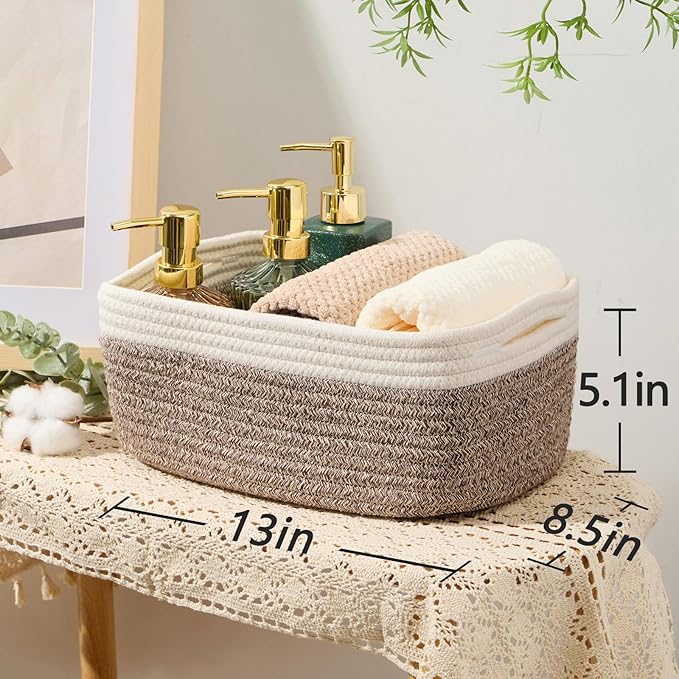 MiniArk Small Storage Baskets for Organizing | Closet Organizer Bins | Shelf Toy Basket | Woven Rope Baskets | Cube Decorative Box | Shallow Basket | 13x8.5x5.1” | 3 Packs White Brown