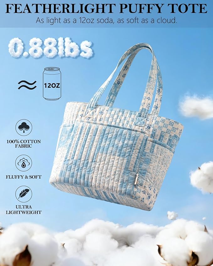 Bagstellar Puffer Tote Bag for Women, Quilted Cotton Laptop Work Tote Shoulder Bag for College School, Teacher, Nurse, Travel | Top Full-zip Closure