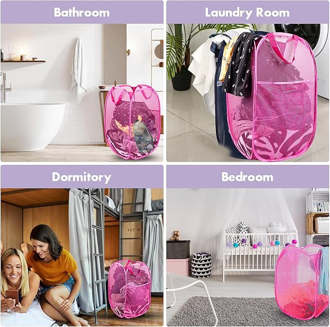 DUCOO Pop Up Laundry Hamper, 70L Collapsible Mesh Laundry Basket with Side Pocket, Foldable Dirty Clothes Hamper with Sturdy Reinforced Handles for Home Dorm Bedroom Travel Storage, Pink, 2Pack