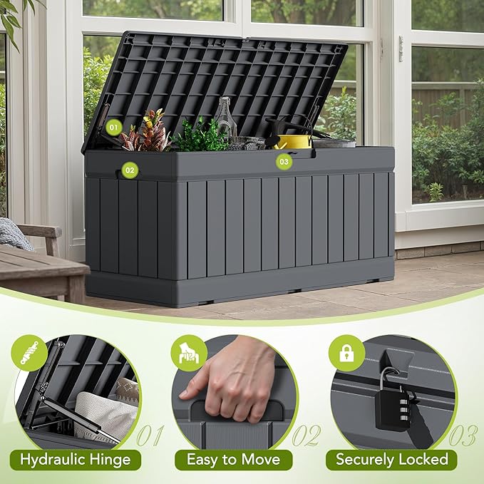 Devoko 78 Gallon Deck Box, Waterproof Resin Outdoor Storage Box for Outside and Patio, Outdoor Storage Bench Lockable for Patio Furniture, Garden Tools and Pool Supplies (Grey, 78 Gallon)